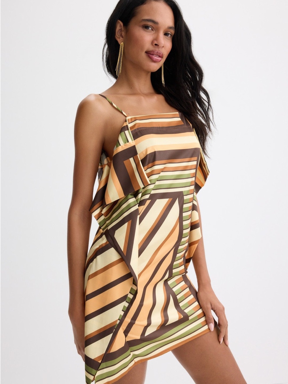 Misa Los Angeles Striped Mini Dress in Tan, Brown and Olive